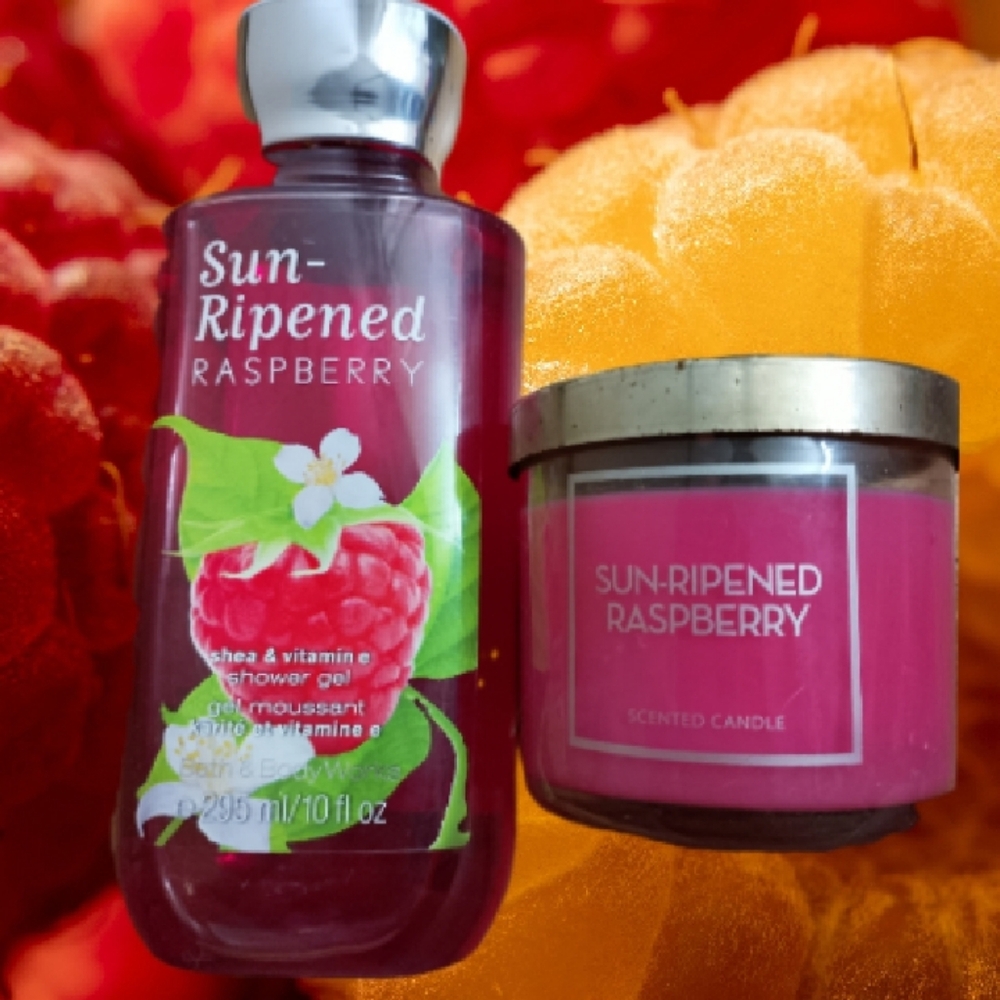Bath & Body Works Sun-Ripened Raspberry Shower Gel & Pink Candle Set🩷♥️🩷